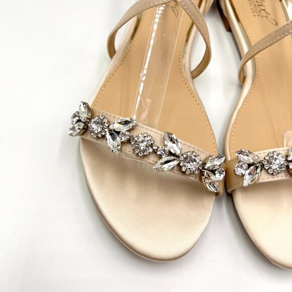 Jewel Badgley Mischka Size 8.5 Tessy Champagne‎ Satin Flats Dress Sandals Shoes - Picture 3 of 11